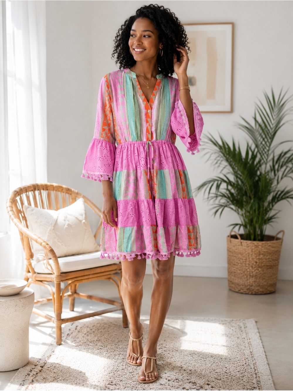Tiered Mini Dress in Aqua and Pink Stripes